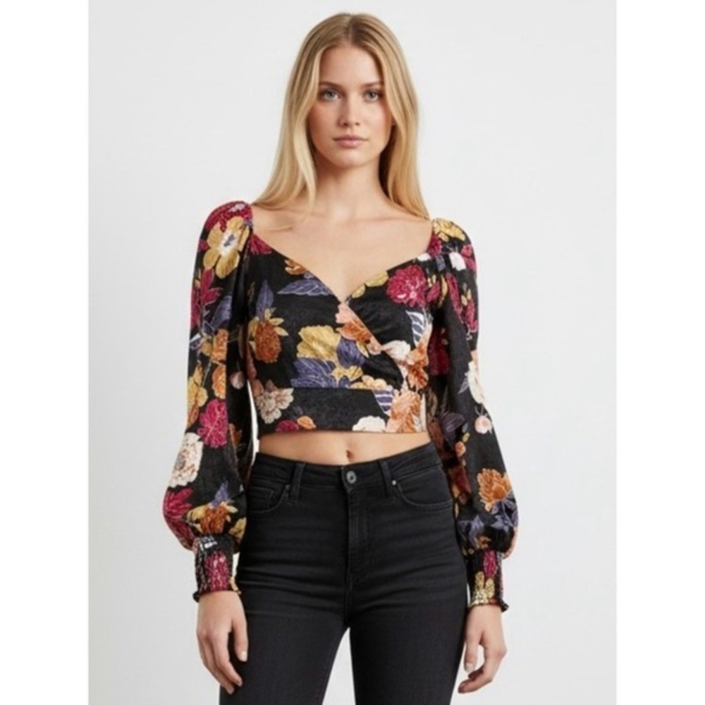 Band of the Free NEW Floral Surplice Crop Top Long Sleeve Multi Color Small